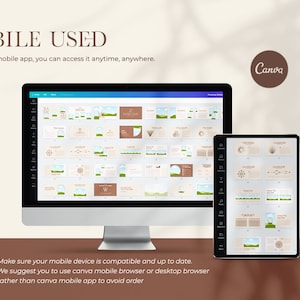 May include: A computer screen and tablet display a Canva presentation with a green and brown colour scheme. The presentation includes text, charts, and images. The text on the screen reads "MOBILE USED" and "PLEASE NOTE: Make sure your mobile device is compatible and up to date. We suggest you to use canva mobile browser or desktop browser rather than canva mobile app to avoid order". The text on the tablet reads "RESULTS" and "JANUARY".
