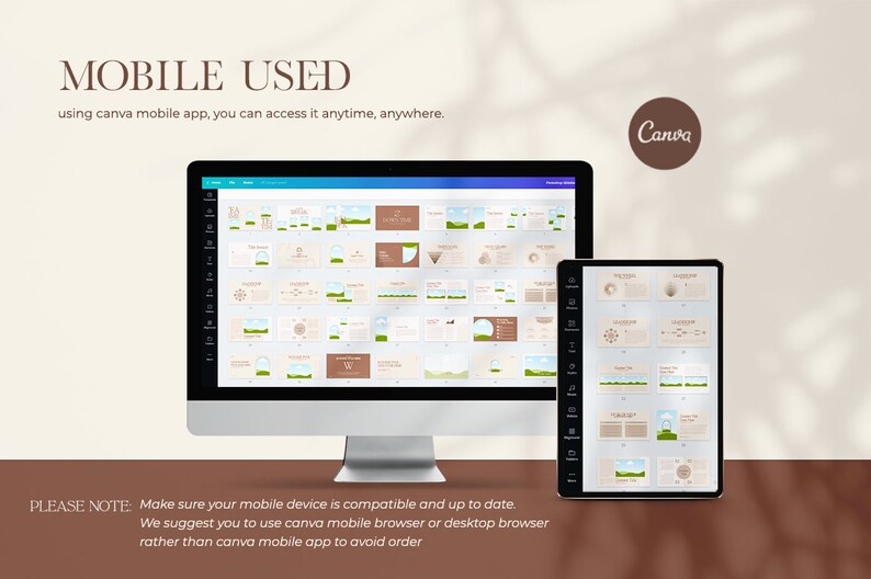 May include: A computer screen and tablet display a Canva presentation with a green and brown colour scheme. The presentation includes text, charts, and images. The text on the screen reads "MOBILE USED" and "PLEASE NOTE: Make sure your mobile device is compatible and up to date. We suggest you to use canva mobile browser or desktop browser rather than canva mobile app to avoid order". The text on the tablet reads "RESULTS" and "JANUARY".