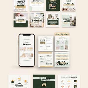 May include: A collection of green and white social media graphics with text about personal finance, investing, and budgeting. The graphics feature illustrations of money, houses, and other financial concepts.