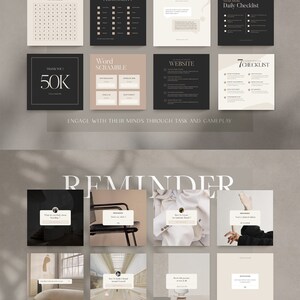May include: A set of social media post templates for Instagram featuring a minimalist design with black and beige colors. The templates include a variety of activities such as word searches, personality quizzes, and checklists. The text "Engage with their minds through task and gameplay" is included in the image.