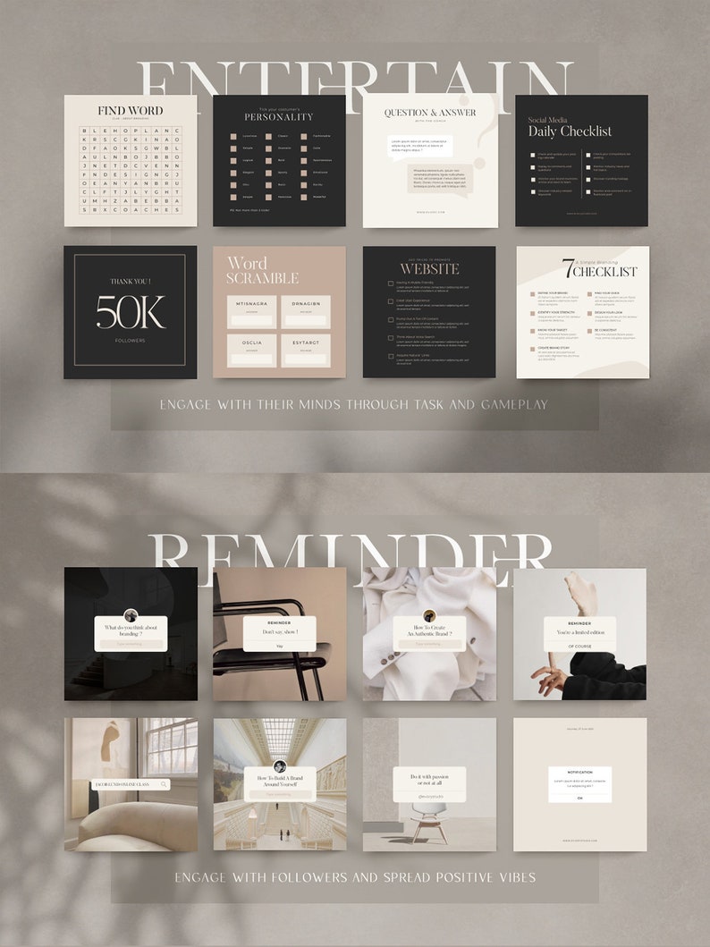 May include: A set of social media post templates for Instagram featuring a minimalist design with black and beige colors. The templates include a variety of activities such as word searches, personality quizzes, and checklists. The text "Engage with their minds through task and gameplay" is included in the image.