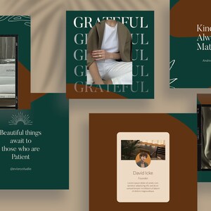 May include: A collage of images with a green and brown color scheme. The images include a quote about patience, a person wearing a brown jacket, a quote about kindness, and a person wearing a green jacket.