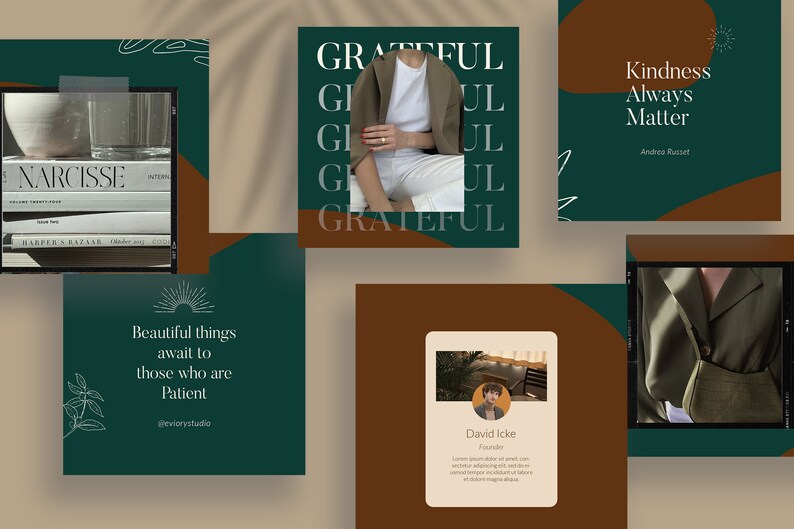 May include: A collage of images with a green and brown color scheme. The images include a quote about patience, a person wearing a brown jacket, a quote about kindness, and a person wearing a green jacket.