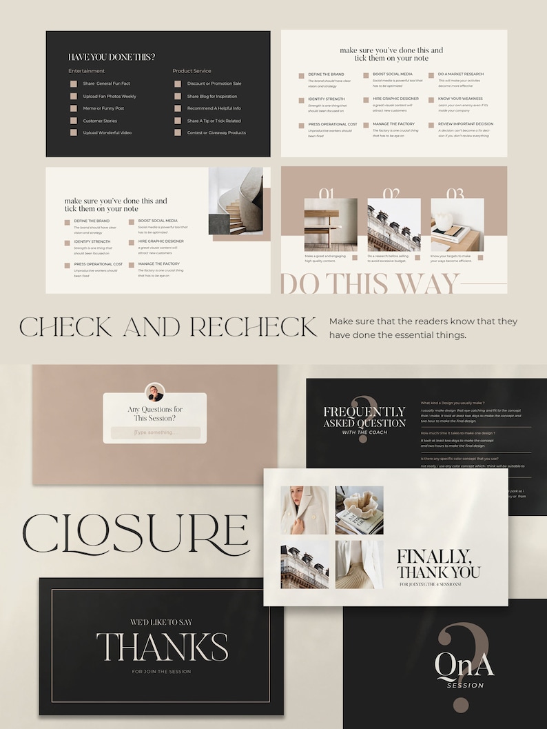 Op de afbeelding: Een presentatie-diadeck met een beige achtergrond en zwarte tekst. De titel van de presentatie is "Controleren en opnieuw controleren". Het diadeck bevat een checklist met items om te voltooien, een sectie met veelgestelde vragen en een afsluitende dia die zegt "We willen je bedanken voor je deelname aan de sessie".