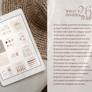 May include: A white tablet displaying a collection of 260 Instagram post and story templates. The templates are organized into categories such as story telling, daily tracker, charts, games, tips, quotes, podcasts, testimonials, course invitations, step-by-step processes, checklists, entertainment, moodboards, photo displays, promotions, Q&A, carousels, and writers.
