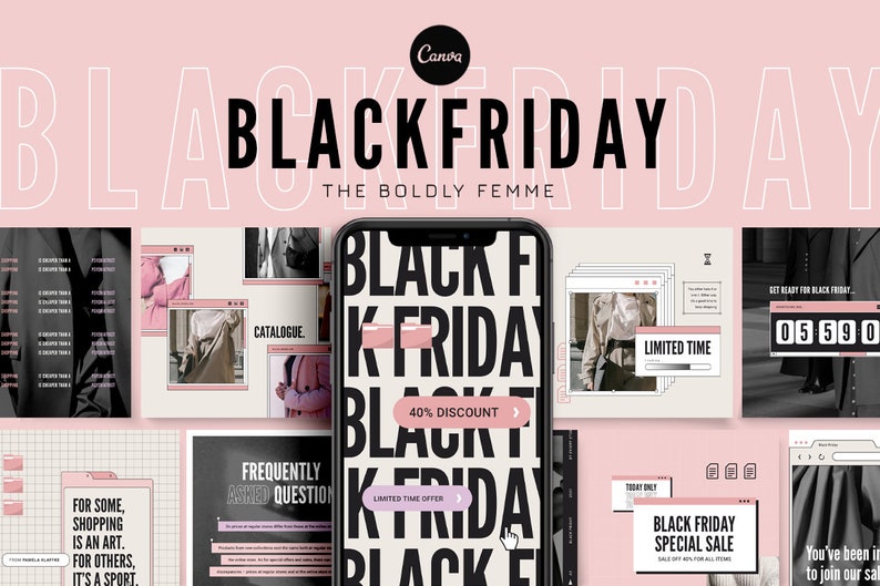 K&ouml;nnte beinhalten: Eine rosa und schwarze Grafikdesign-Vorlage f&uuml;r Black Friday-Verk&auml;ufe. Das Design enth&auml;lt einen Countdown-Timer, ein 40% Rabattangebot und den Text "Black Friday Special Sale".