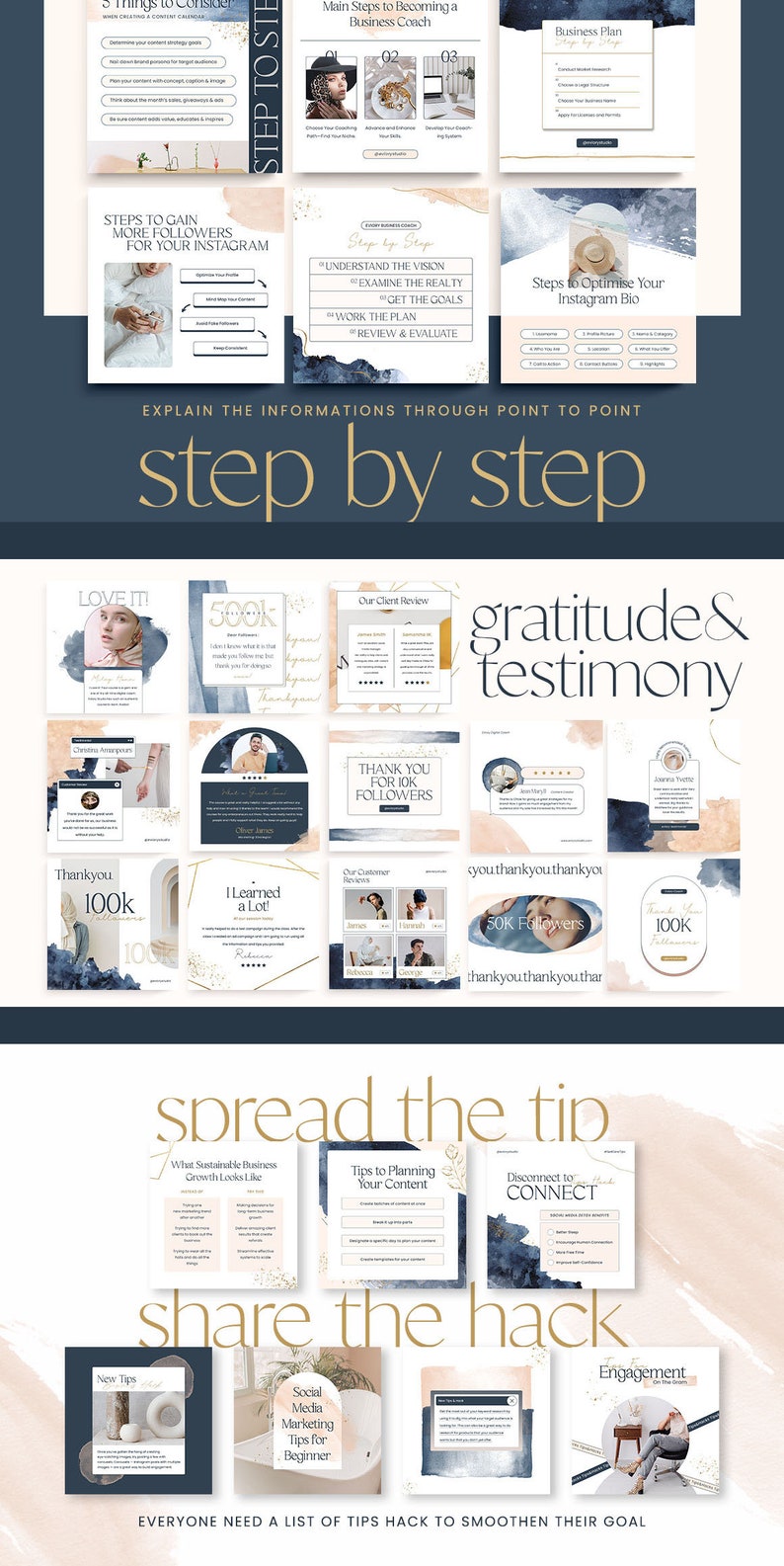 以下が含まれることがあります： Instagram のフォロワーを増やすためのヒントが書かれた画像のコラージュ。画像は水彩画の背景に金色のアクセントが加えられ、モダンなフォントで書かれたテキストが使用されています。「フォロワーを増やすためのステップ」「ビジョンを理解する」「ヒントを広める」「ハックを共有する」などのフレーズが含まれています。