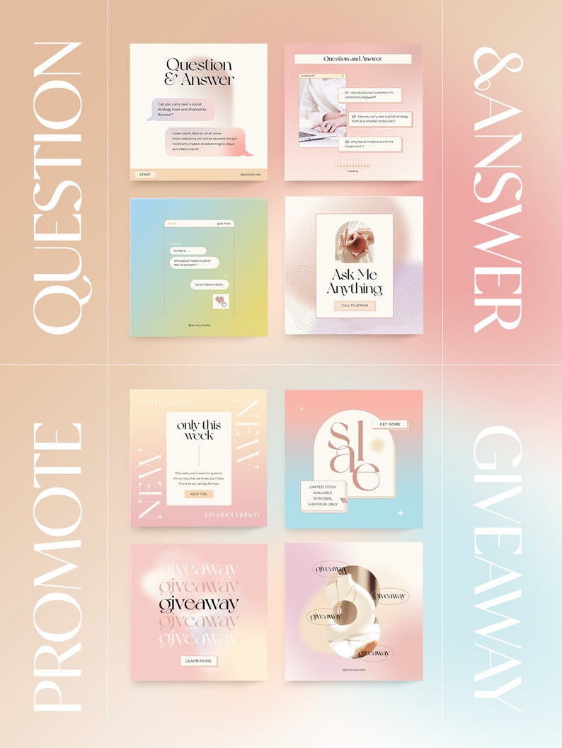 May include: A collection of social media post templates with pastel pink, blue, and yellow gradients. The templates feature text such as "Question & Answer", "Ask Me Anything", "New Product Launch", "Giveaway", and "Sale".