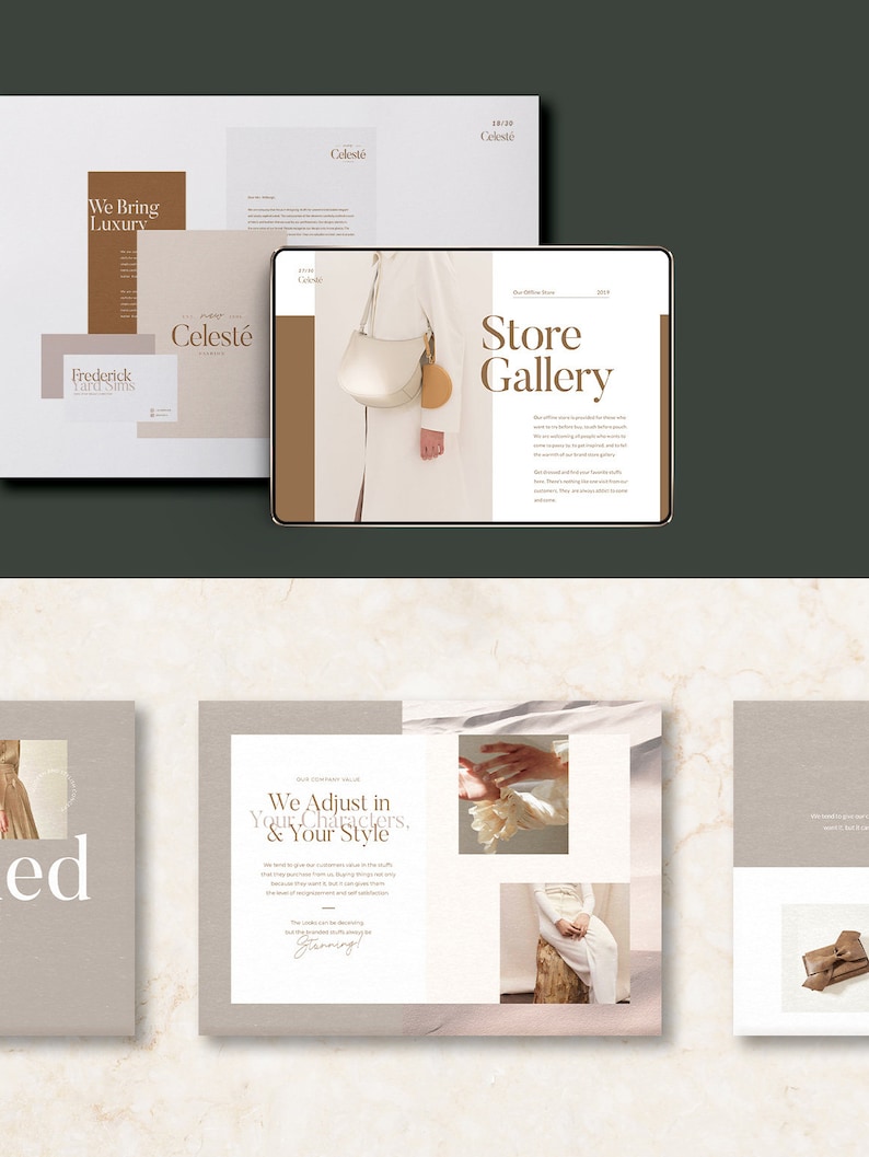 May include: A collection of images showcasing a fashion brand called "Celest&eacute;". The images feature a white handbag, a woman wearing a white dress, and a brown and white box. The text "We Bring Luxury" and "We Adjust in Your Characters & Your Style" are also visible.