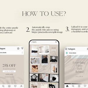 May include: A screenshot of a phone showing a how-to guide for creating a seamless Instagram feed using a puzzle-style layout. The guide includes three steps: edit the puzzle using Photoshop or Canva, automatically crop the puzzle into pieces using a website, and upload the pieces to Instagram.