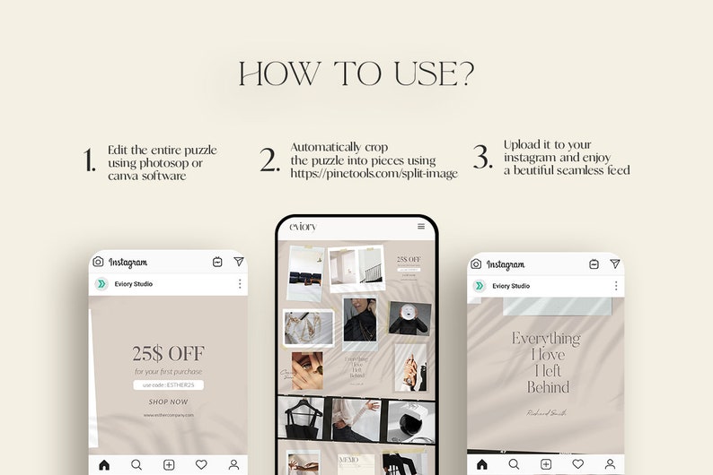 May include: A screenshot of a phone showing a how-to guide for creating a seamless Instagram feed using a puzzle-style layout. The guide includes three steps: edit the puzzle using Photoshop or Canva, automatically crop the puzzle into pieces using a website, and upload the pieces to Instagram.