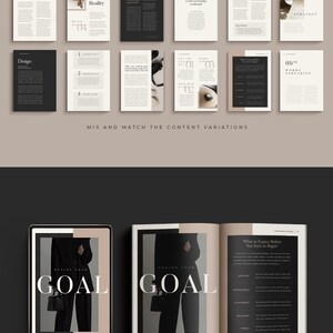 May include: A mockup of a magazine spread with the word "GOAL" in large, bold, white letters on a black background. The magazine spread is open to a page with the title "What to Expect Before You Start to Begin?" and a list of bullet points with the words "Specific, Accountable, Attainable, Relevant, Timely".