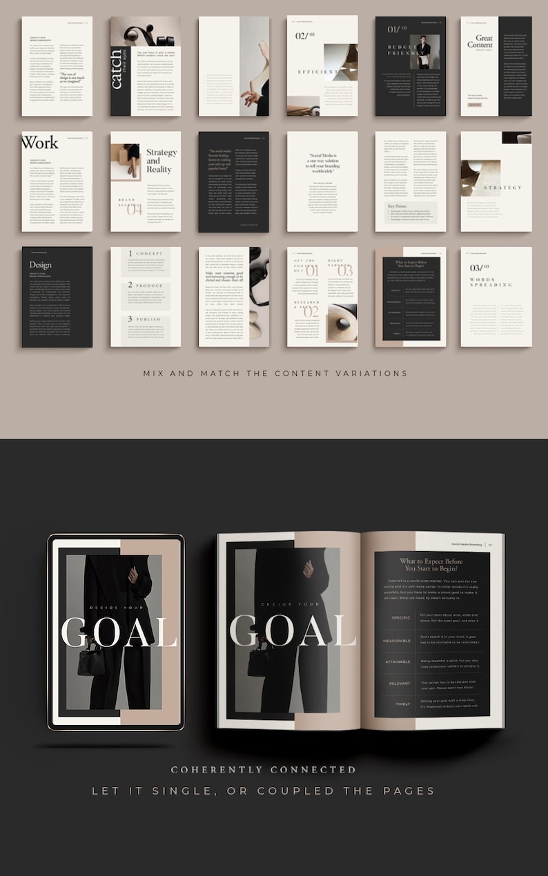 May include: A mockup of a magazine spread with the word "GOAL" in large, bold, white letters on a black background. The magazine spread is open to a page with the title "What to Expect Before You Start to Begin?" and a list of bullet points with the words "Specific, Accountable, Attainable, Relevant, Timely".