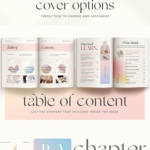 Pu&ograve; includere: Un workbook con una copertina sfumata rosa e blu con il testo "WORKBOOK the art of Digital Marketing" e una mano di donna che tiene un laptop. Il libro &egrave; per coach e include un indice con capitoli su argomenti di marketing digitale.