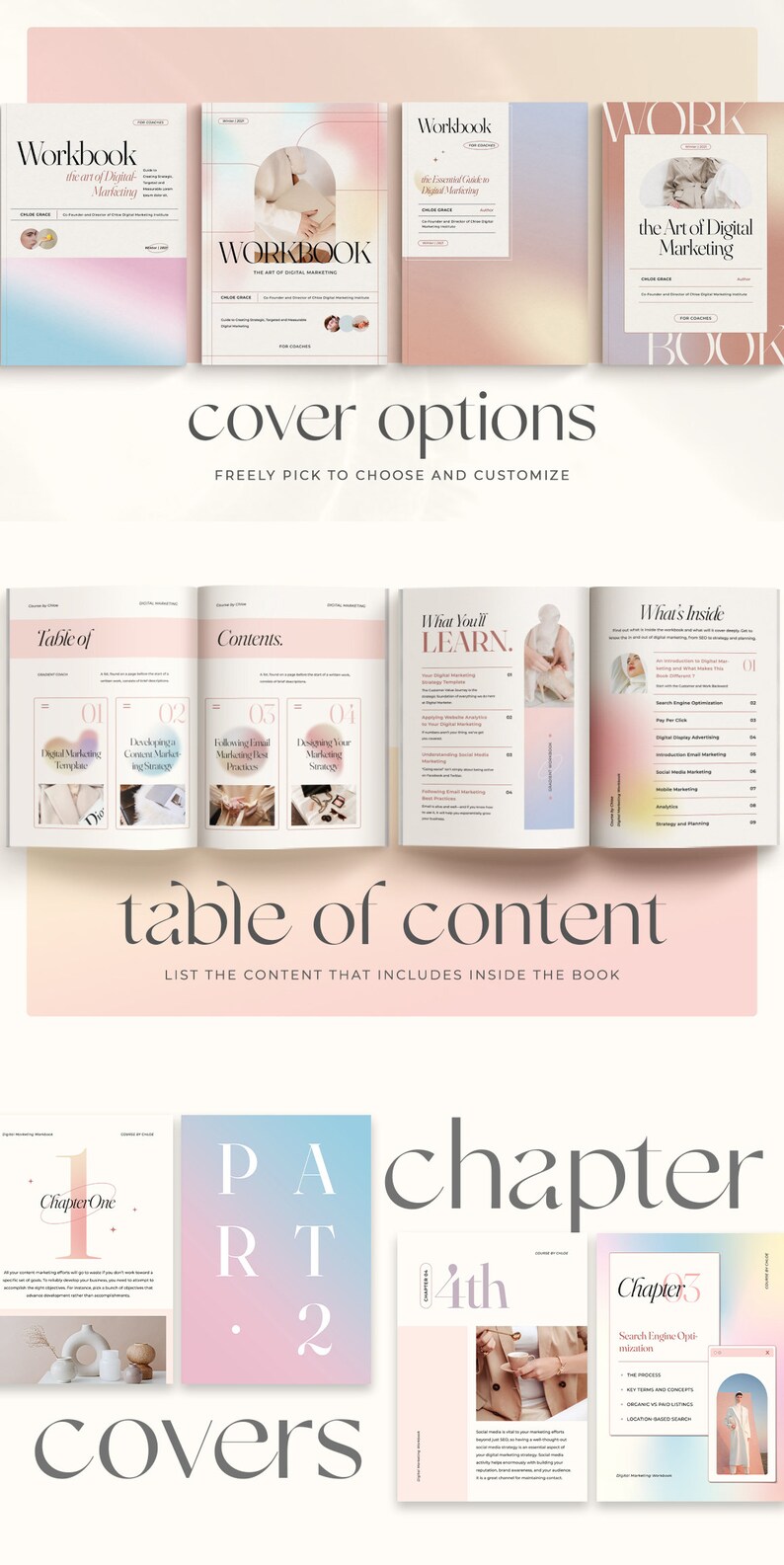 Pu&ograve; includere: Un workbook con una copertina sfumata rosa e blu con il testo "WORKBOOK the art of Digital Marketing" e una mano di donna che tiene un laptop. Il libro &egrave; per coach e include un indice con capitoli su argomenti di marketing digitale.