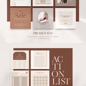 May include: A social media template for promoting a course or product. The template features a brown and beige color scheme with a minimalist design. The text "PROMOTION" is displayed in a large font at the top of the template. The text "EXCITE YOUR FOLLOWERS TO JOIN THE COURSE & BUY YOUR PRODUCTS" is displayed below the "PROMOTION" text. The template also includes a variety of other text elements, such as "Special Offers", "Sale", "Giveaway", and "Action List".