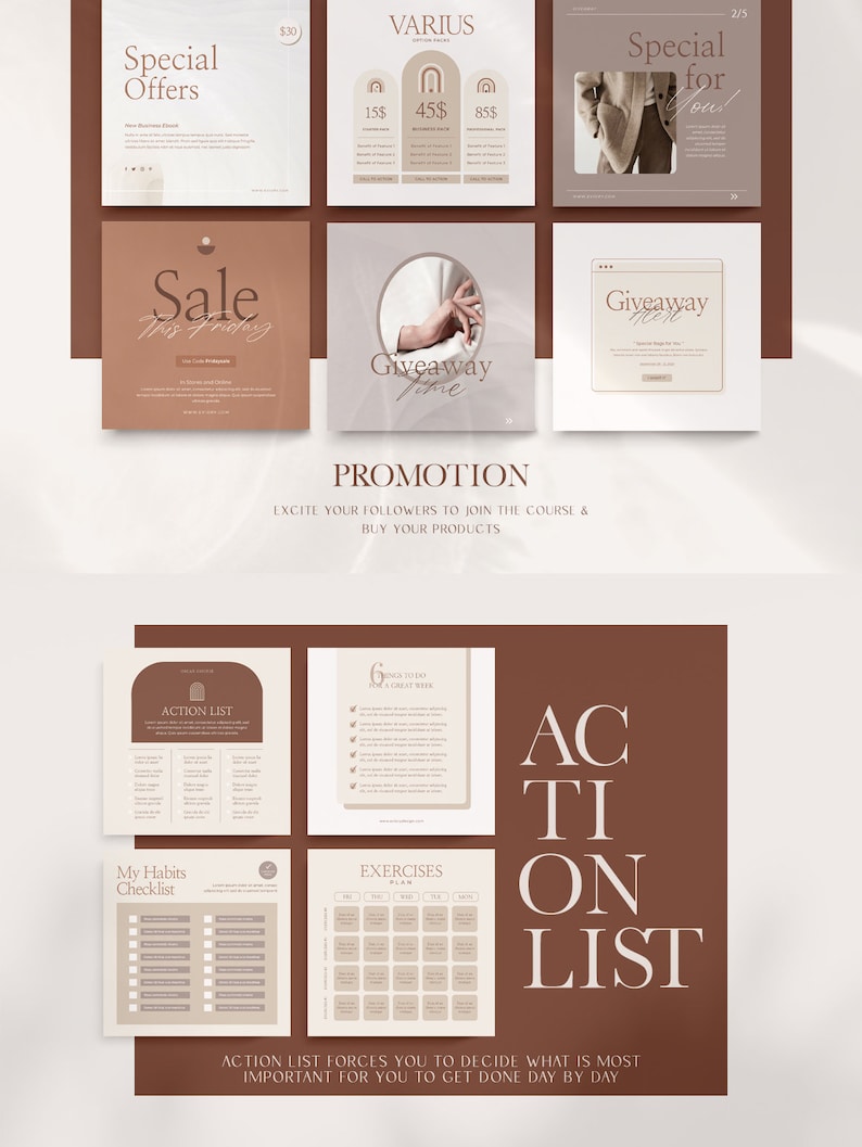 May include: A social media template for promoting a course or product. The template features a brown and beige color scheme with a minimalist design. The text "PROMOTION" is displayed in a large font at the top of the template. The text "EXCITE YOUR FOLLOWERS TO JOIN THE COURSE & BUY YOUR PRODUCTS" is displayed below the "PROMOTION" text. The template also includes a variety of other text elements, such as "Special Offers", "Sale", "Giveaway", and "Action List".
