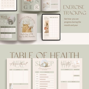 May include: A set of printable health and wellness trackers with a green and beige colour scheme. The trackers include a daily schedule, a sleep tracker, a meal planner, and an exercise tracker. The text "Table of Health" is at the top of the page.