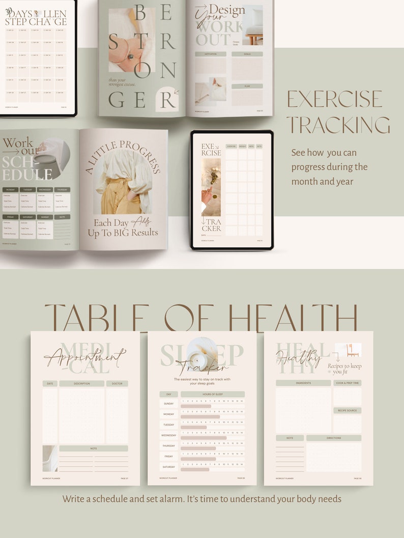 May include: A set of printable health and wellness trackers with a green and beige colour scheme. The trackers include a daily schedule, a sleep tracker, a meal planner, and an exercise tracker. The text "Table of Health" is at the top of the page.