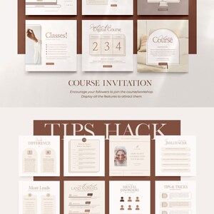 May include: A collage of images with tips for creating an online course. The images include text such as "Tips Hack", "Difference", "How to Put Yourself into Your Brand", "More Leads", "The Future of Land Animals", "Mental Disorders", "Tips & Tricks", and "Tell All the Shortcuts and Simple Guideline to Make Them Enchanted".
