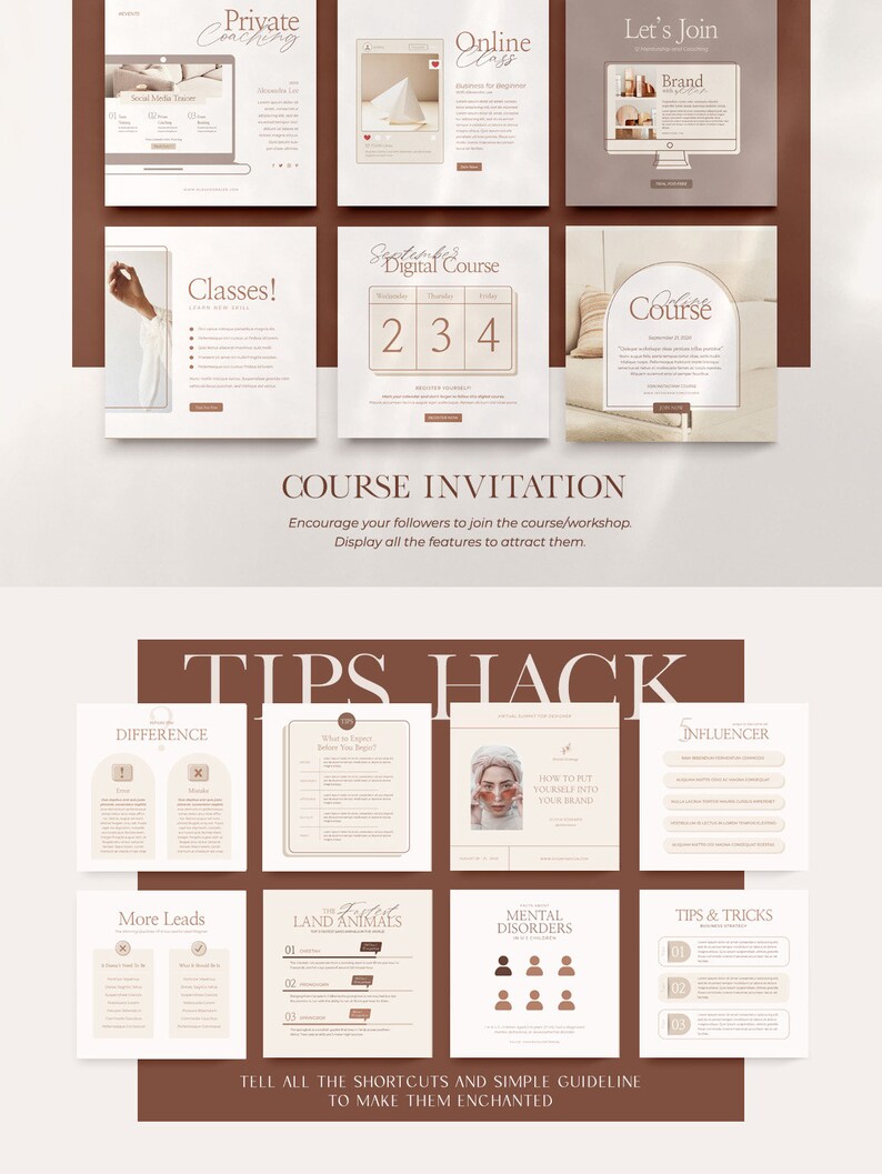 May include: A collage of images with tips for creating an online course. The images include text such as "Tips Hack", "Difference", "How to Put Yourself into Your Brand", "More Leads", "The Future of Land Animals", "Mental Disorders", "Tips & Tricks", and "Tell All the Shortcuts and Simple Guideline to Make Them Enchanted".