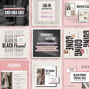 K&ouml;nnte beinhalten: Eine Sammlung von neun Instagram-Story-Vorlagen f&uuml;r einen Black Friday-Verkauf. Die Vorlagen haben ein rosa-schwarzes Farbschema mit Text, der "Black Friday", "Get Ready", "Log-In", "Master Class", "Frequently Asked Question", "Going Gone", "Feedback" und "Today Only" lautet.