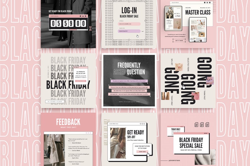 K&ouml;nnte beinhalten: Eine Sammlung von neun Instagram-Story-Vorlagen f&uuml;r einen Black Friday-Verkauf. Die Vorlagen haben ein rosa-schwarzes Farbschema mit Text, der "Black Friday", "Get Ready", "Log-In", "Master Class", "Frequently Asked Question", "Going Gone", "Feedback" und "Today Only" lautet.