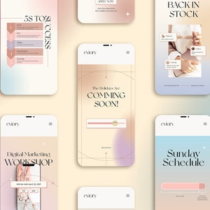May include: A collection of mobile phone screens displaying various website designs. The screens feature a pink and blue gradient background with a white border. The text on the screens includes "5S to Success", "Digital Marketing Workshop", "The Holidays Are Coming Soon", "Back in Stock", "Sunday Schedule", and "Gift Ideas For".