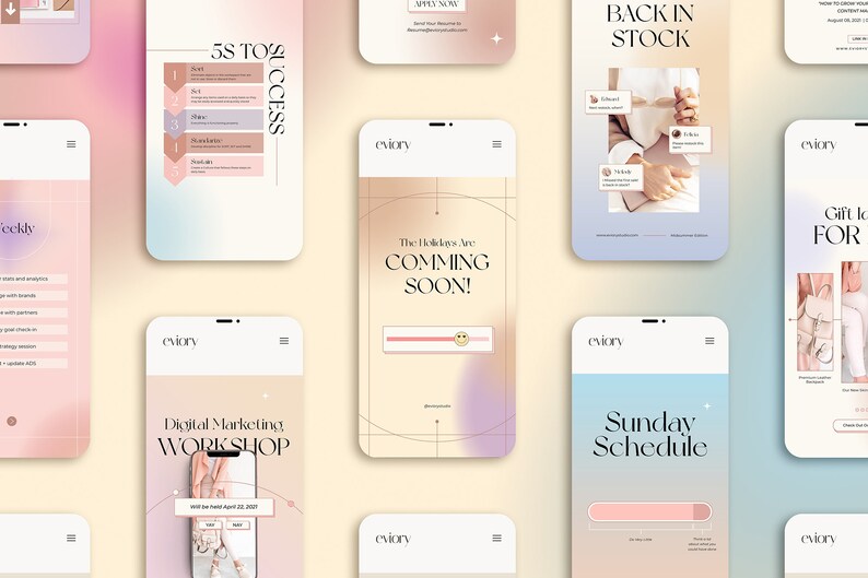 May include: A collection of mobile phone screens displaying various website designs. The screens feature a pink and blue gradient background with a white border. The text on the screens includes "5S to Success", "Digital Marketing Workshop", "The Holidays Are Coming Soon", "Back in Stock", "Sunday Schedule", and "Gift Ideas For".