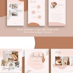 May include: A set of nine Instagram story templates with a minimalist aesthetic. The templates feature a light pink background with brown abstract shapes and handwritten text. The text includes "Wanderlust", "Find Us", "Itinerary", "Give Away", and "Upcoming".