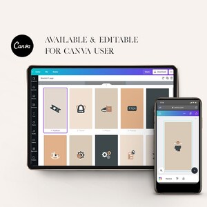 Puede incluir: Una captura de pantalla del sitio web de Canva que muestra una plantilla de dise&ntilde;o con varios iconos. Los iconos incluyen un boleto, una mochila, un libro, un reloj, un caballito de balanc&iacute;n, un engranaje, una silla y un p&aacute;jaro. El texto "AVAILABLE & EDITABLE FOR CANVA USER" se muestra en la parte superior de la pantalla.