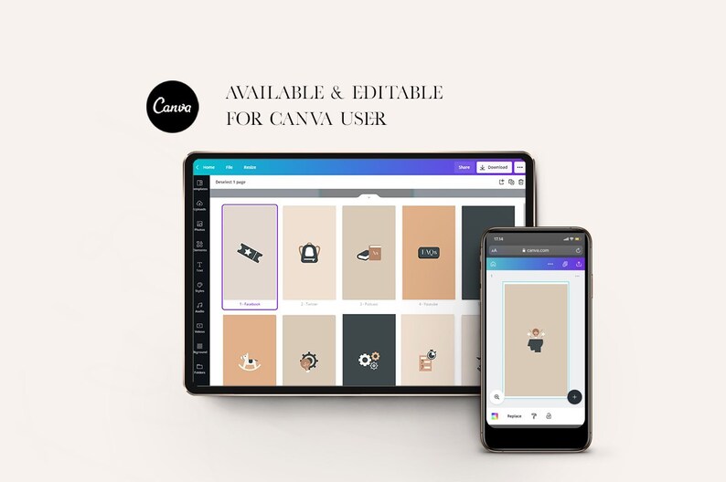 Puede incluir: Una captura de pantalla del sitio web de Canva que muestra una plantilla de dise&ntilde;o con varios iconos. Los iconos incluyen un boleto, una mochila, un libro, un reloj, un caballito de balanc&iacute;n, un engranaje, una silla y un p&aacute;jaro. El texto "AVAILABLE & EDITABLE FOR CANVA USER" se muestra en la parte superior de la pantalla.