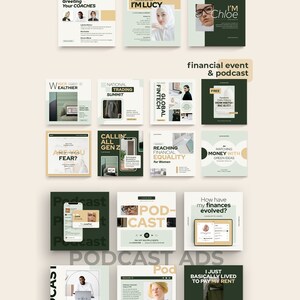 May include: A collage of social media posts promoting a financial podcast. The posts feature a variety of topics, including financial equality for women, how to match money with green ideas, and how to pay off multiple debts. The posts are designed in a modern, minimalist style with a green and white color scheme.
