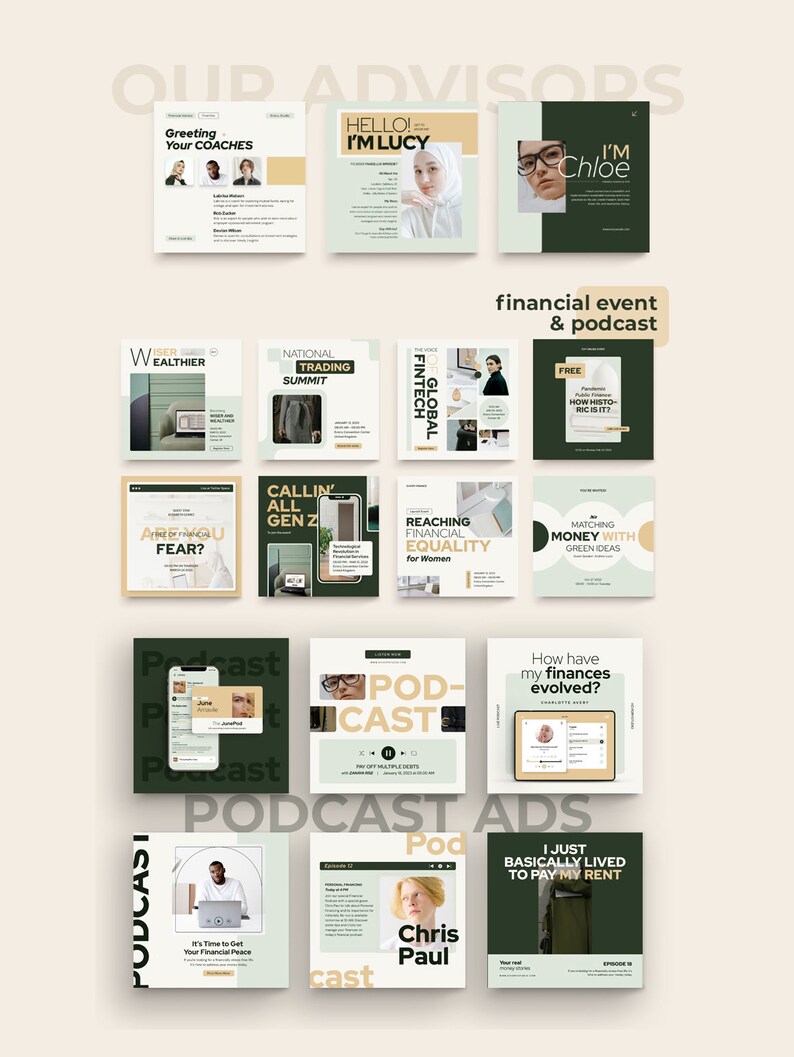 May include: A collage of social media posts promoting a financial podcast. The posts feature a variety of topics, including financial equality for women, how to match money with green ideas, and how to pay off multiple debts. The posts are designed in a modern, minimalist style with a green and white color scheme.