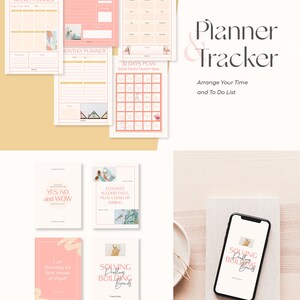 May include: A set of printable planner and tracker pages with pink and white accents. The pages include a weekly planner, daily planner, monthly planner, annual planner, and a 30-day social media content plan. The image also includes four inspirational quotes with pink and white accents.