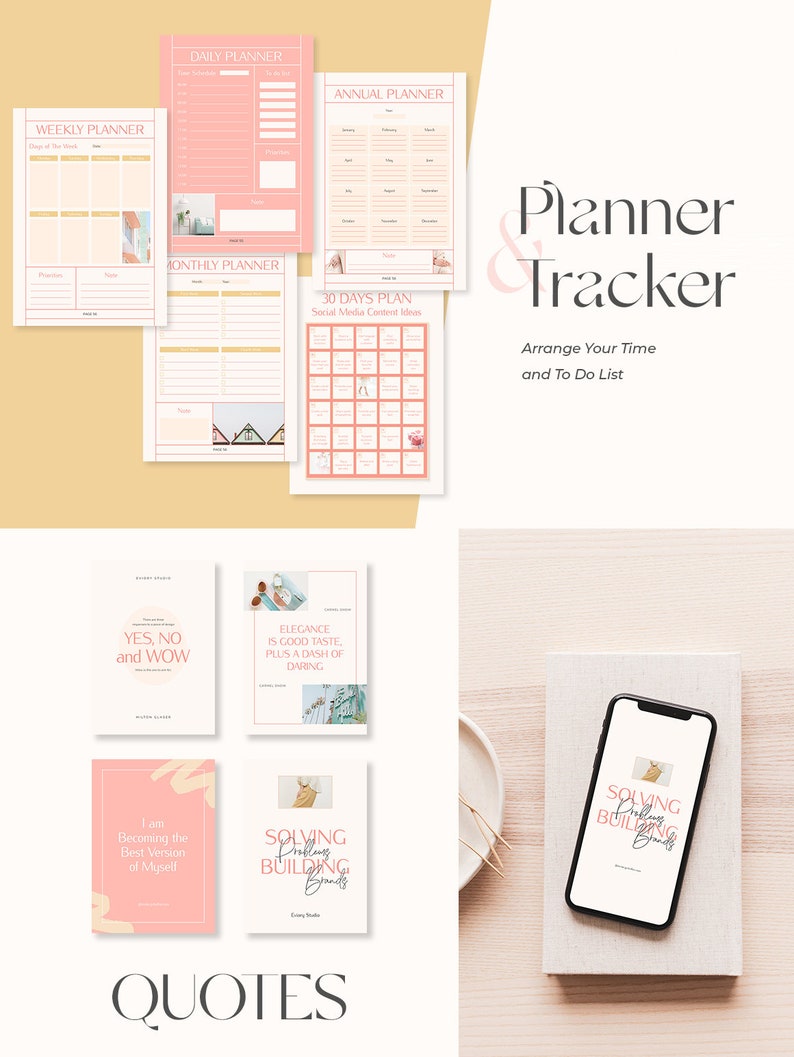 May include: A set of printable planner and tracker pages with pink and white accents. The pages include a weekly planner, daily planner, monthly planner, annual planner, and a 30-day social media content plan. The image also includes four inspirational quotes with pink and white accents.
