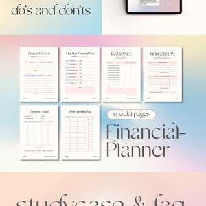 Pu&ograve; includere: Un planner digitale con uno sfondo sfumato rosa e blu. Il planner include sezioni per la panoramica finanziaria, il piano finanziario su una pagina, la checklist assicurativa, il piano di budget per le aziende, il fondo di emergenza, il registro delle spese giornaliere, lo studio di caso, le FAQ e le domande frequenti. Il planner include anche una sezione per "cosa fare e cosa non fare" e "pro e contro".