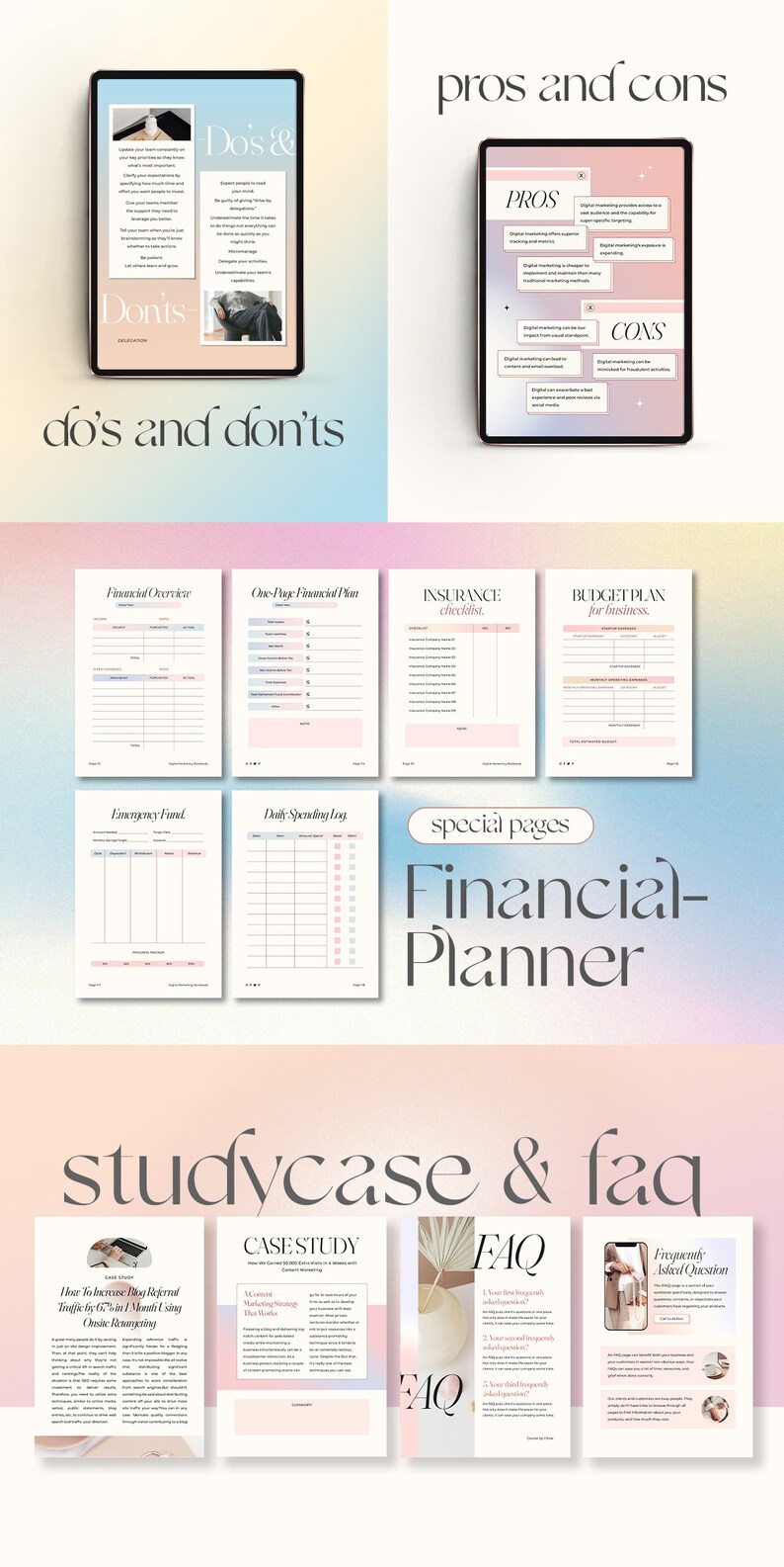 Pu&ograve; includere: Un planner digitale con uno sfondo sfumato rosa e blu. Il planner include sezioni per la panoramica finanziaria, il piano finanziario su una pagina, la checklist assicurativa, il piano di budget per le aziende, il fondo di emergenza, il registro delle spese giornaliere, lo studio di caso, le FAQ e le domande frequenti. Il planner include anche una sezione per "cosa fare e cosa non fare" e "pro e contro".