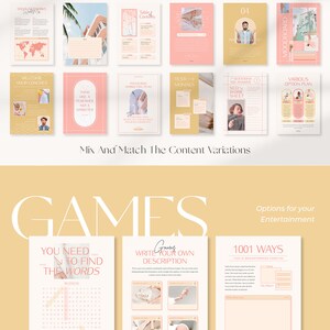 May include: A pink and gold printable workbook titled "Games" featuring a range of activities, including word searches, writing descriptions, and brainstorming exercises. The workbook is designed for creative and fun learning.