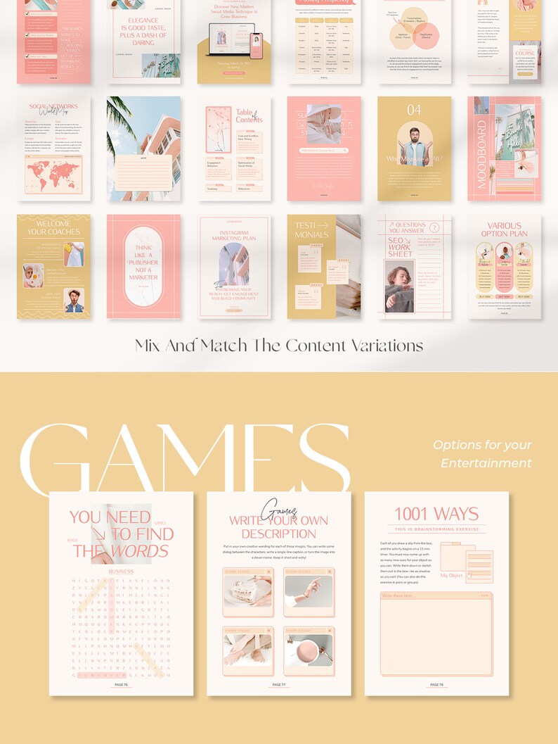 May include: A pink and gold printable workbook titled "Games" featuring a range of activities, including word searches, writing descriptions, and brainstorming exercises. The workbook is designed for creative and fun learning.