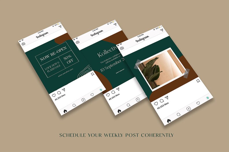 May include: Three Instagram post mockups with a green and brown color scheme. The first post advertises a re-opening with a 50% off flash sale. The second post announces a new collection launching on September 10th. The third post features a photo of a leafy plant.