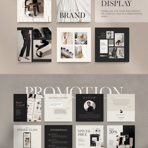 May include: A set of social media templates for promoting a brand or product. The templates feature a variety of designs, including photos, text, and graphics. The templates are designed to be used on platforms such as Instagram and Facebook.