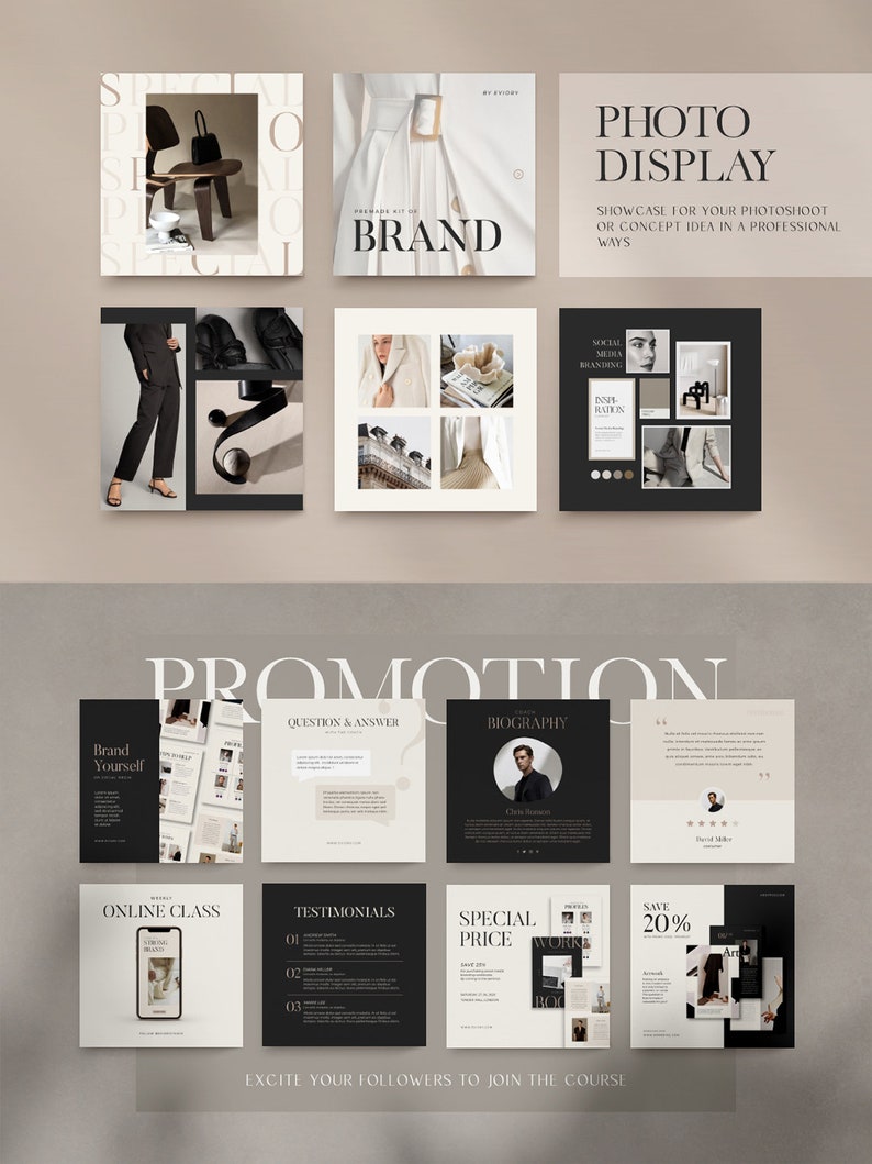 May include: A set of social media templates for promoting a brand or product. The templates feature a variety of designs, including photos, text, and graphics. The templates are designed to be used on platforms such as Instagram and Facebook.