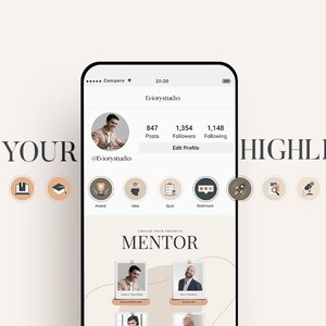 Puede incluir: Una captura de pantalla de un tel&eacute;fono m&oacute;vil que muestra una p&aacute;gina de perfil de redes sociales. El perfil es para un usuario llamado "@viorystudio" con 847 publicaciones, 1.354 seguidores y 1.148 seguidos. La foto de perfil es de un hombre sonriendo. La p&aacute;gina de perfil tiene una secci&oacute;n titulada "Elige a tu mentor favorito" con dos fotos de hombres. La pantalla del tel&eacute;fono tambi&eacute;n muestra una secci&oacute;n titulada "Elige tu destacado" con iconos para diferentes categor&iacute;as.