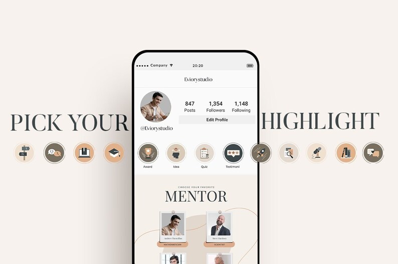 Puede incluir: Una captura de pantalla de un tel&eacute;fono m&oacute;vil que muestra una p&aacute;gina de perfil de redes sociales. El perfil es para un usuario llamado "@viorystudio" con 847 publicaciones, 1.354 seguidores y 1.148 seguidos. La foto de perfil es de un hombre sonriendo. La p&aacute;gina de perfil tiene una secci&oacute;n titulada "Elige a tu mentor favorito" con dos fotos de hombres. La pantalla del tel&eacute;fono tambi&eacute;n muestra una secci&oacute;n titulada "Elige tu destacado" con iconos para diferentes categor&iacute;as.