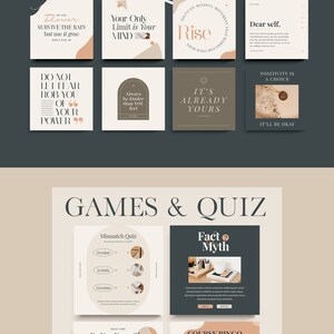 以下が含まれることがあります： 引用とゲームを組み合わせたソーシャルメディア投稿テンプレートのコレクション。引用は、桃色と茶色のカラーパレットでミニマルなスタイルになっています。ゲームは、黒と白のカラーパレットで、桃色のアクセントが付けられています。