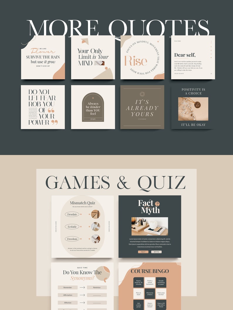 以下が含まれることがあります： 引用とゲームを組み合わせたソーシャルメディア投稿テンプレートのコレクション。引用は、桃色と茶色のカラーパレットでミニマルなスタイルになっています。ゲームは、黒と白のカラーパレットで、桃色のアクセントが付けられています。