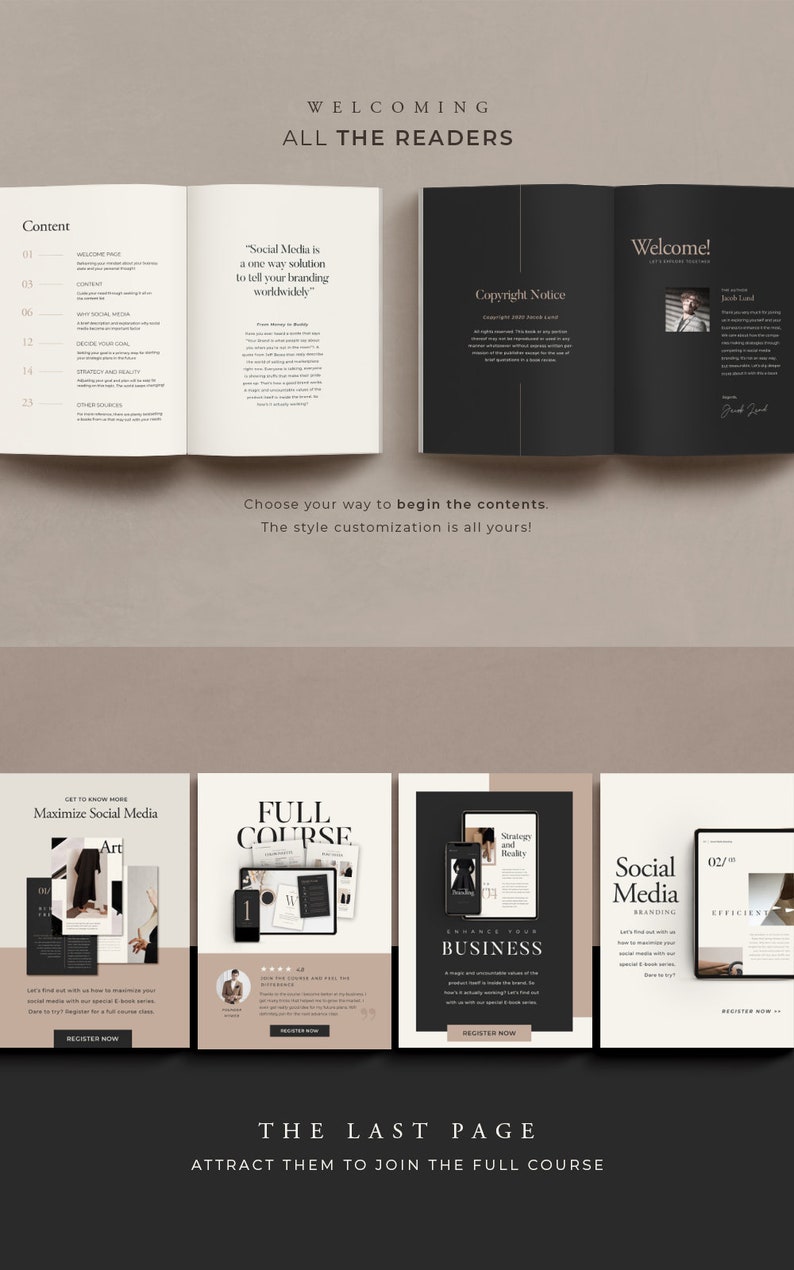 May include: A mockup of a social media marketing course landing page with a black and white colour scheme. The page features a welcome message, a copyright notice, and a call to action to register for the course. The course is titled "Maximize Social Media" and features a black and white image of a woman with a laptop. The page also includes a call to action to register for the full course.