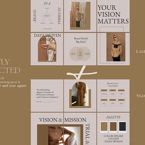 May include: A social media marketing strategy template with a brown and beige color scheme. The template includes text such as "Your Vision Matters", "Data Driven Design", "Vision & Mission", "Trial &", "Palette", "Color Speaks Louder Than Words", "Brand Launch Case Studies", "Repeatly Connected", "In a Nutshell", "Brand Model Big Ideal", "Last Post", and "Start Post".