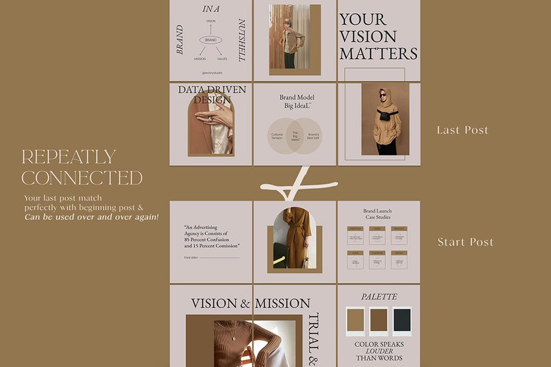 May include: A social media marketing strategy template with a brown and beige color scheme. The template includes text such as "Your Vision Matters", "Data Driven Design", "Vision & Mission", "Trial &", "Palette", "Color Speaks Louder Than Words", "Brand Launch Case Studies", "Repeatly Connected", "In a Nutshell", "Brand Model Big Ideal", "Last Post", and "Start Post".